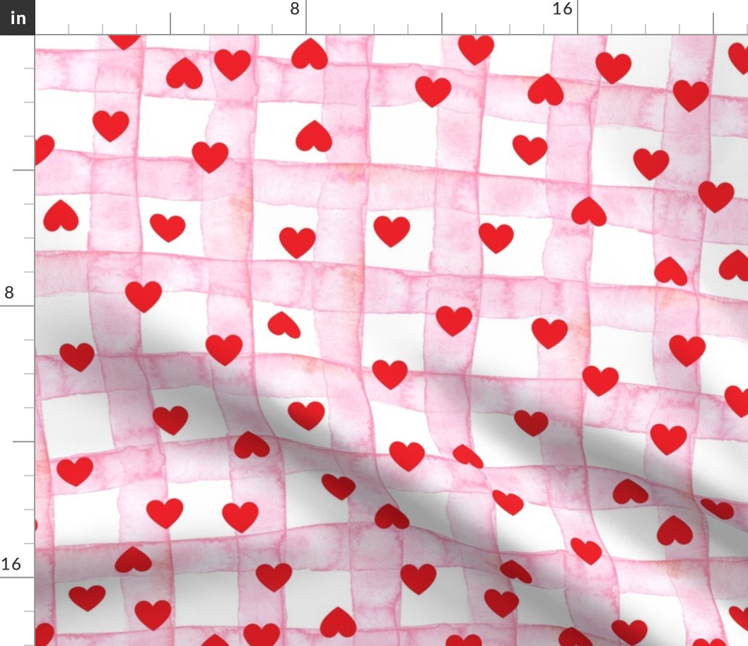 1´´ wide pink stripe Lovecore buffalo check gingham with hearts pink watercolor on white