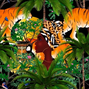 African woman,tigers,jungle,exotic,tropical art