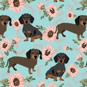 Dachshund Dog with pink sunflowers on  teal  small print dog fabric