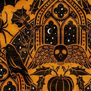 Gothic Halloween Damask - extra large - marigold and black