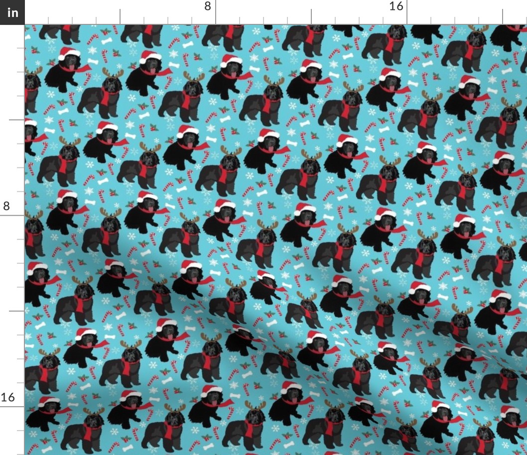 Christmas Newfoundland Dogs Small Print Reindeer Candy Cane Holly red green blue Holiday Dog Fabric