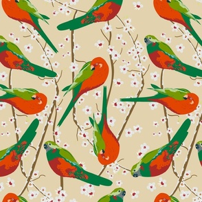 King Parrot Birds in Floral Blossom / Green, Red, Cream