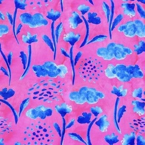 watercolor China blue flowers on hot pink Small scale 