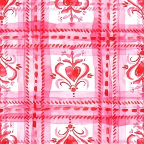 Lovecore watercolor plaid with folksy hearts Pink and red on white Medium scale