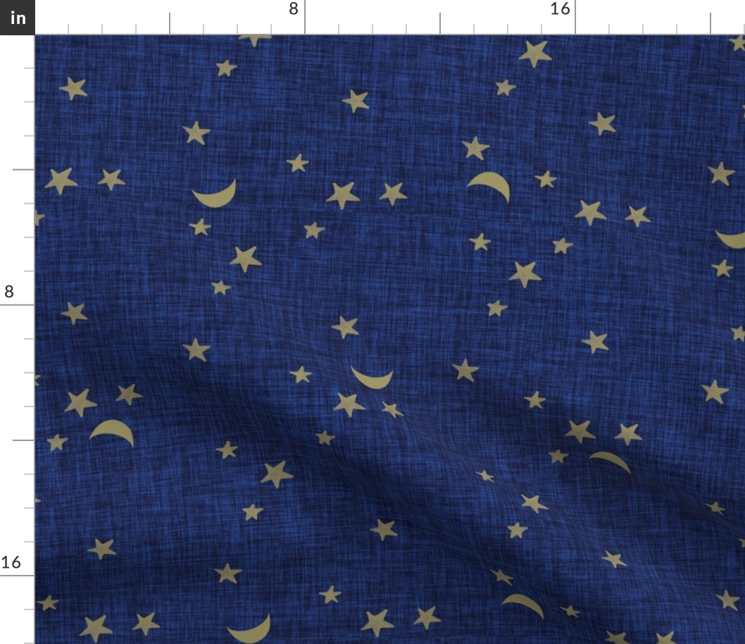 rotated stars and moons // soft gold on cobalt linen