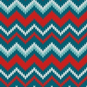Small scale // Fair Isle Knitting Zig Zags // dark teal background teal red and white lines