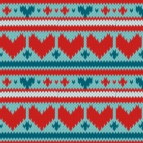 Small scale // Fair Isle Knitting Hearts // teal background red and dark teal hearts 
