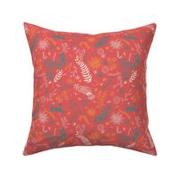 Floral doodles in colors repeat pattern on coral, Medium 7'8 inches