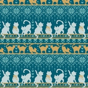 Tiny scale // Fair Isle Knitting Cats Love // teal background dark teal white and yellow kitties and details
