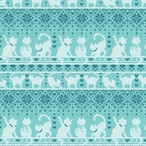 Tiny scale // Fair Isle Knitting Cats Love // teal background dark teal and white kitties and details