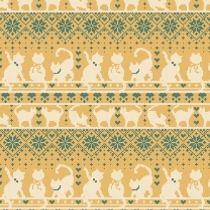 Tiny scale // Fair Isle Knitting Cats Love // yellow background teal and white kitties and details
