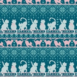 Tiny scale // Fair Isle Knitting Cats Love // teal background white and pink kitties and details