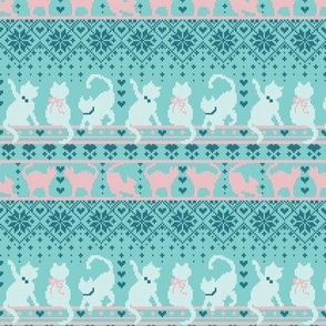 Tiny scale // Fair Isle Knitting Cats Love // teal background dark teal white and pink kitties and details