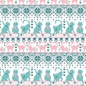 Tiny scale // Fair Isle Knitting Cats Love // white background teal and pink kitties and details