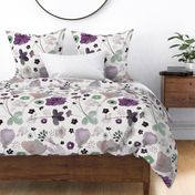 Watercolor Floral - Large Scale Purple Mint and Gray