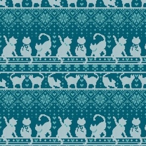 Tiny scale // Fair Isle Knitting Cats Love // dark teal background white and teal kitties and details