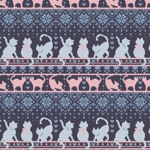 Tiny scale // Fair Isle Knitting Cats Love // dark violet background white and violet kitties and details