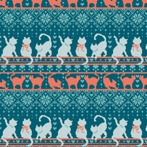 Tiny scale // Fair Isle Knitting Cats Love // teal background dark teal white and orange kitties and details