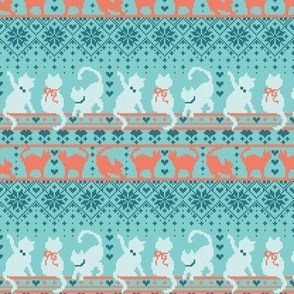 Tiny scale // Fair Isle Knitting Cats Love // teal background dark teal white and orange kitties and details