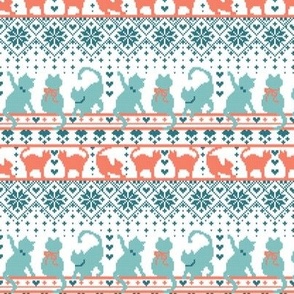 Tiny scale // Fair Isle Knitting Cats Love // white background teal and orange kitties and details