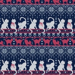 Tiny scale // Fair Isle Knitting Cats Love // navy blue background grey white and dark pink kitties and details