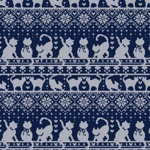 Tiny scale // Fair Isle Knitting Cats Love // navy blue background white kitties and details