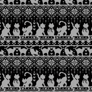 Tiny scale // Fair Isle Knitting Cats Love // black background white kitties and details