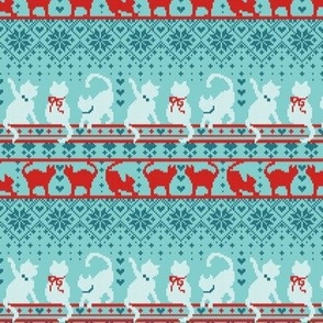 Tiny scale // Festive Fair Isle Knitting Cats Love // teal background dark teal white and red kitties and details