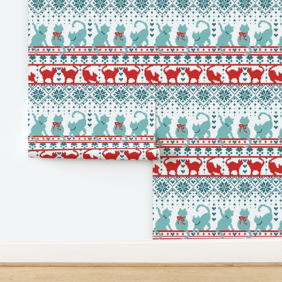 Tiny scale // Festive fair Isle Knitting Cats Love // white background teal and red kitties and details