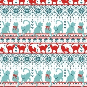 Tiny scale // Festive fair Isle Knitting Cats Love // white background teal and red kitties and details