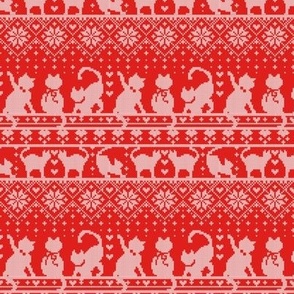 Tiny scale // Festive Fair Isle Knitting Cats Love // red background white kitties and details
