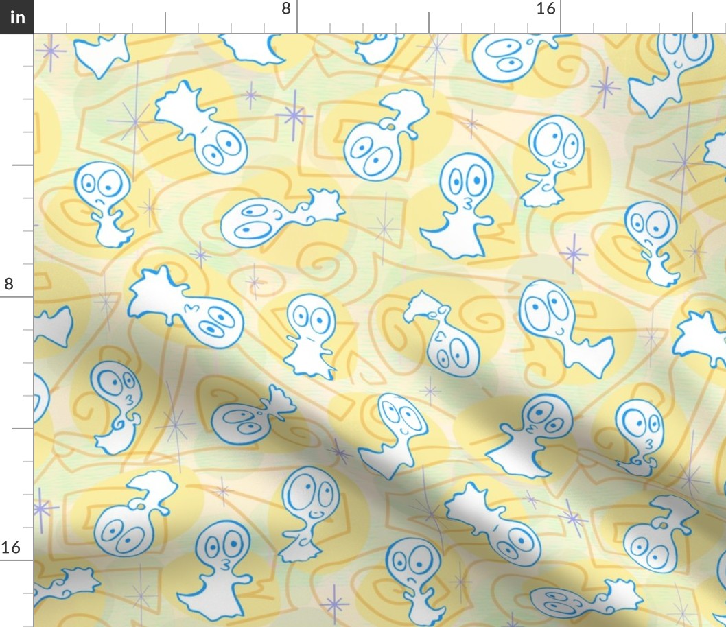 Ditsy Ghost-ies - Pastel Halloween ghosts - ditsy Halloween Pastels - Yellow, Aqua -- 339dpi (44% of full scale)