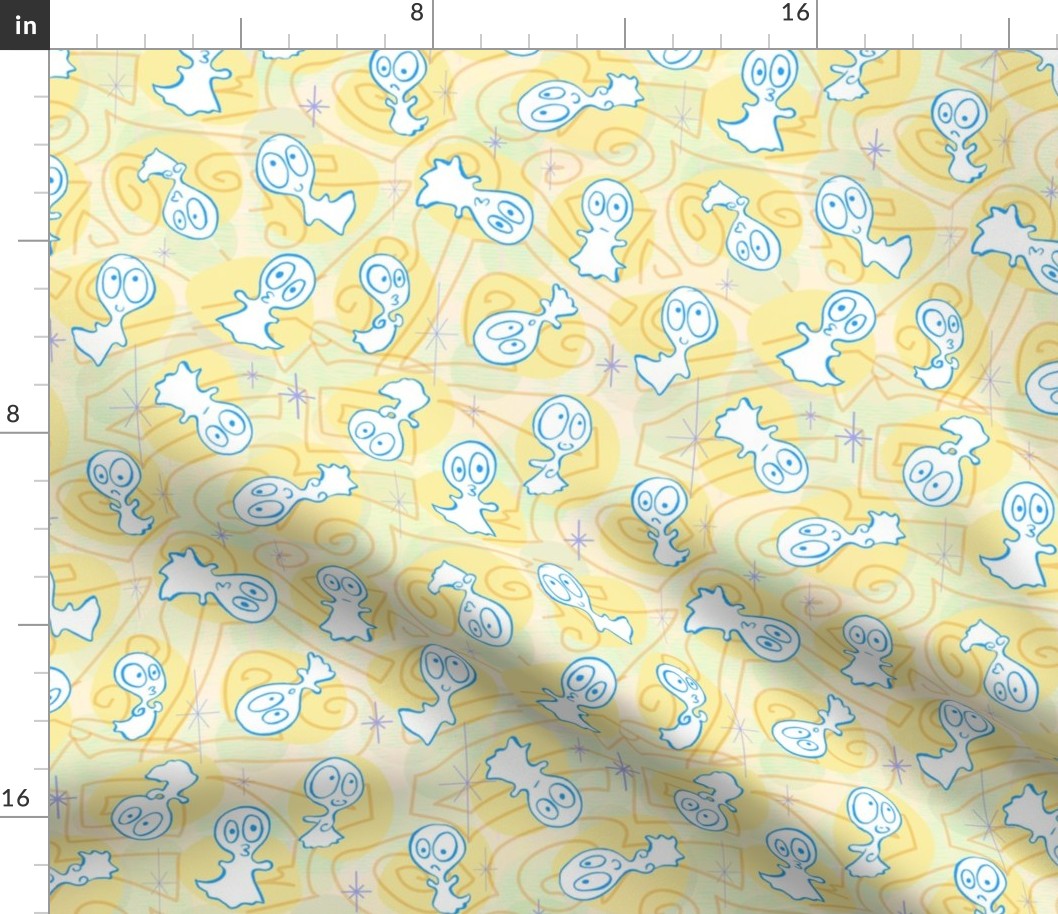 Ditsy Ghost-ies - Pastel Halloween ghosts - ditsy Halloween Pastels - Yellow, Aqua -- 485dpi (31% of full scale)