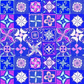 Pink and blue ethnic tiles mandala flowers 12” blocks 