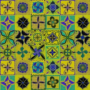 Chartreuse and blue tiled boho mandala flowers 12” blocks