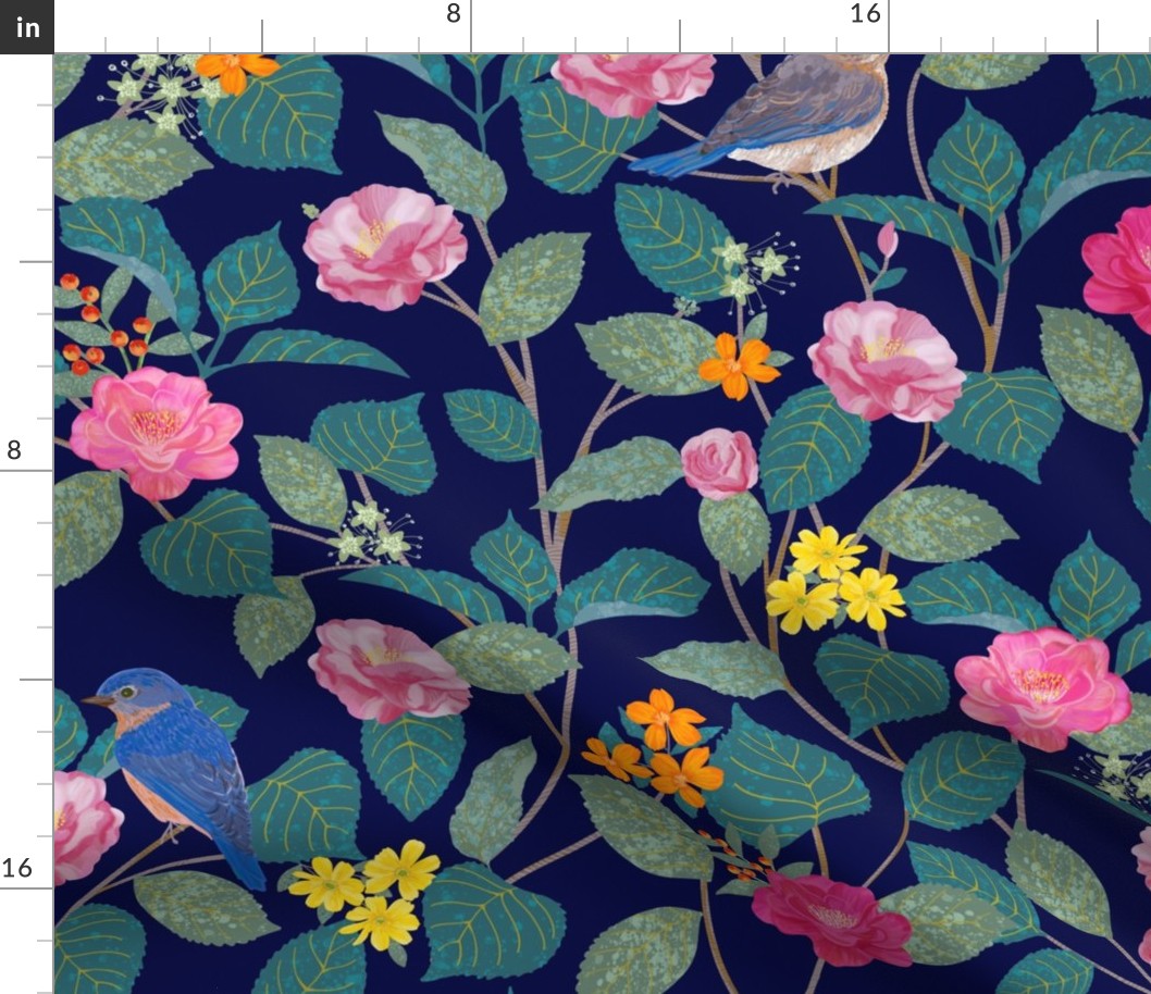 Camellia Garden Navy William Morris Style