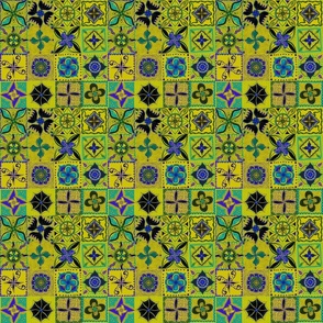 Chartreuse and blue mandala tiles small 6”