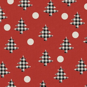 Retro Christmas Trees Black Ivory on Poppy Red