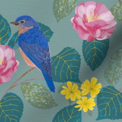 Camellia Garden Woven Texture Blue Gray William Morris Style