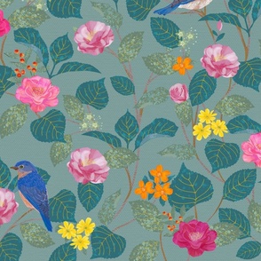 Camellia Garden Woven Texture Blue Gray William Morris Style
