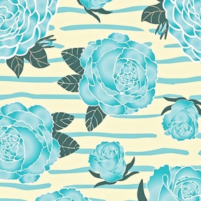 Aqua Blue Rose and Stripes - Large