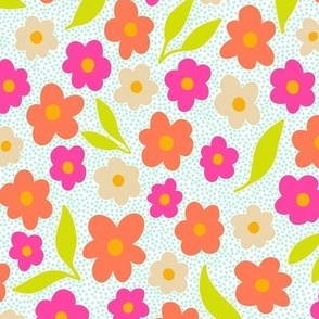 Flowers, leaves and dots on white