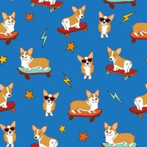 Cool Dude Corgis on Skateboards, Blue