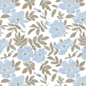 Wild Mountain Roses - medium - calm sky blue, mushroom brown, pine green 