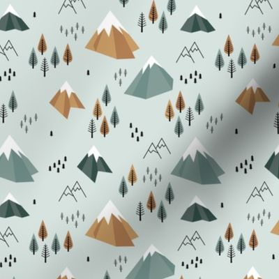 Geometric climbing hills little enchanted forest mountains trees snow tops nordic evergreen green cinnamon camel SMALL