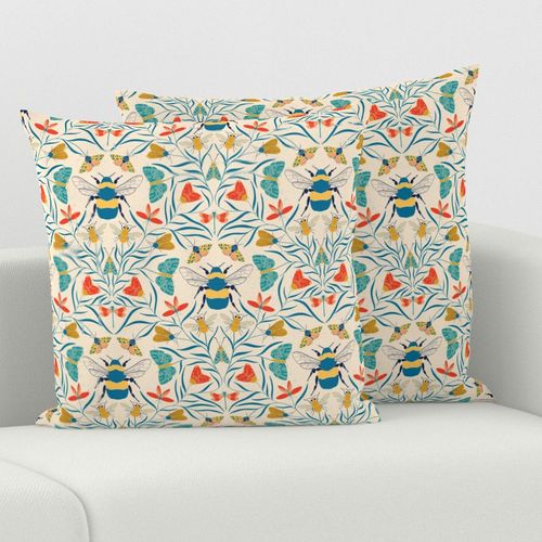 Damask Bugs Bees Butterflies in Retro Color palette  medium scale