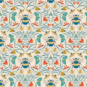 Damask Bugs Bees Butterflies in Retro Color palette  medium scale