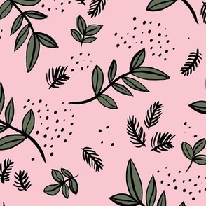 Raw ink winter garden with pine needles branches and leaves christmas spots black green on pink 