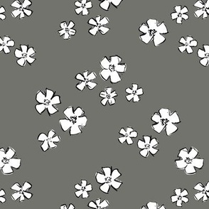 Messy winter flowers freehand ink blossom garden in neutral white on charcoal gray night 