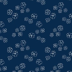 Messy winter flowers freehand ink blossom garden in white on navy blue